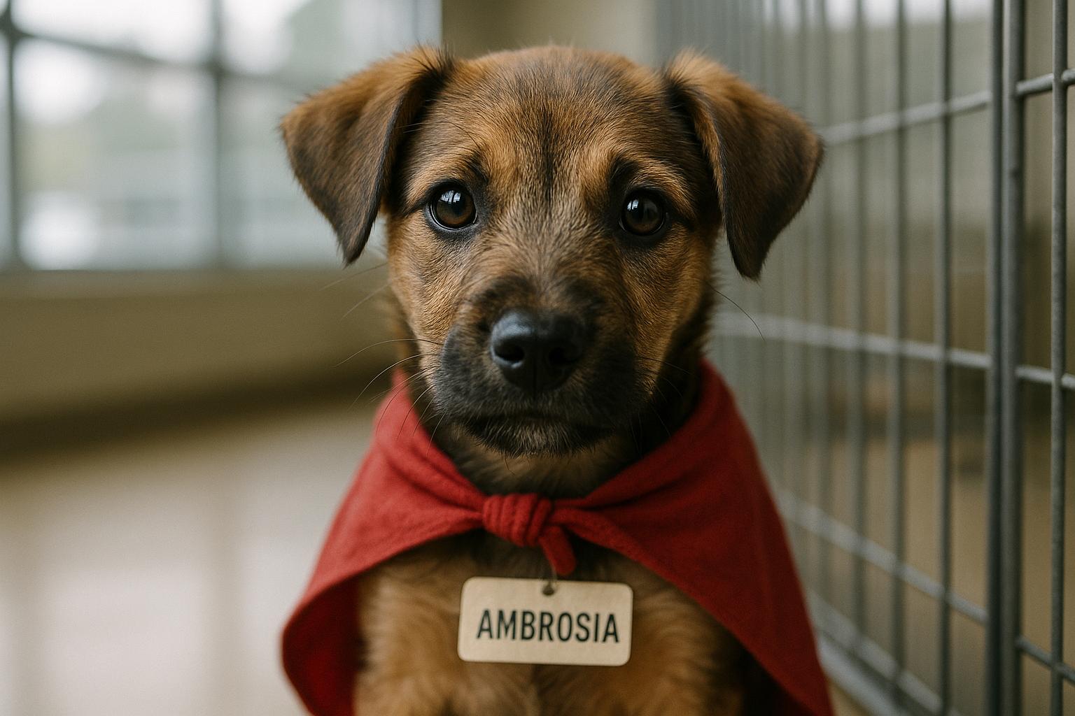 Terrier mix puppy Ambrosia wearing a red cape at PAWS Chicago adoption center