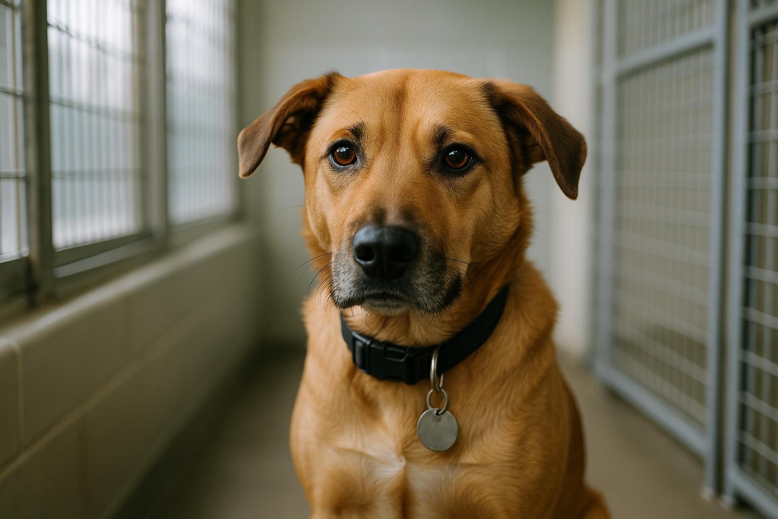 A healthy mixed-breed adult dog photographed in a shelter kennel at an adoption center under soft window light