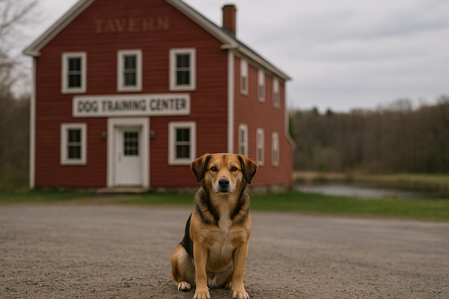 Medium-sized mixed-breed dog sitting calmly on the driveway of a converted former tavern with a pond and training grounds visible in the background