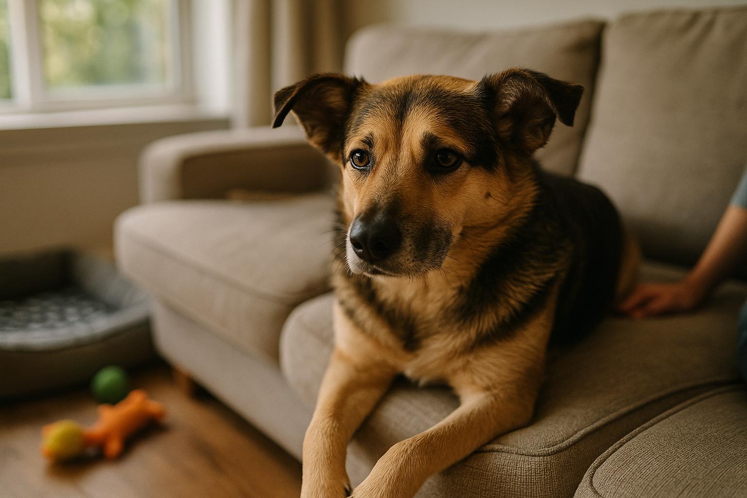 Medium-sized mixed-breed dog resting in a home-based boarding setting