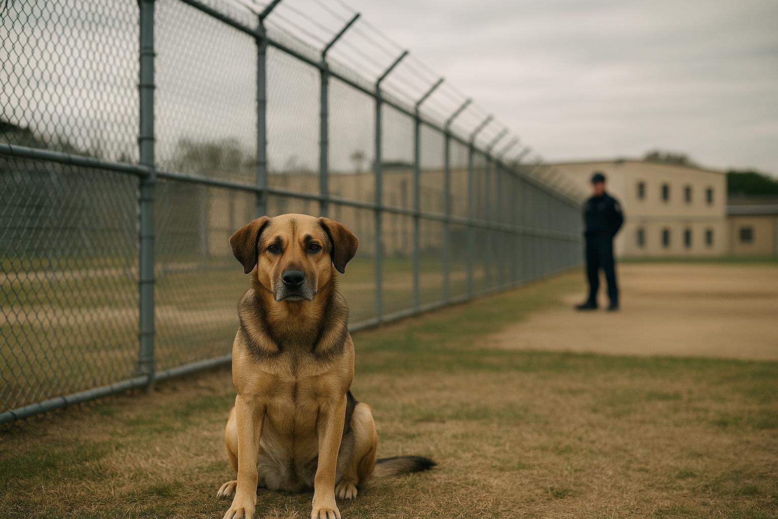 A trained mixed-breed dog sits calmly beside a fence in a prison yard during a dog training program graduation.