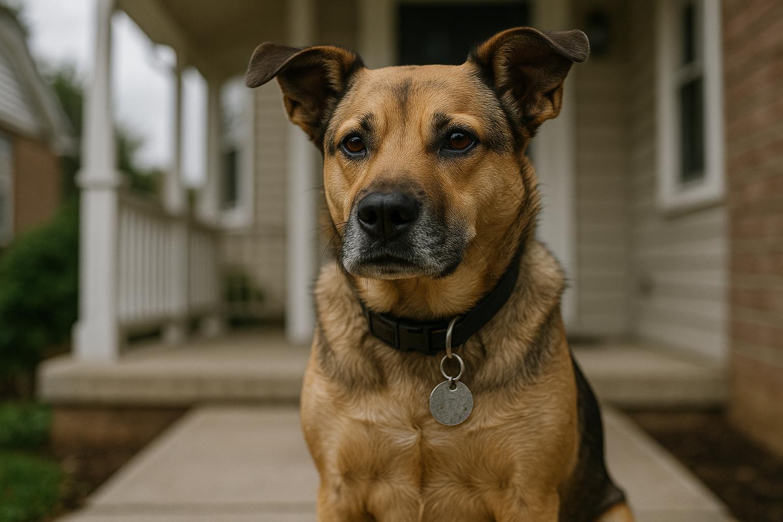 Mixed-breed dog on a front porch wearing a visible metal license tag on its collar