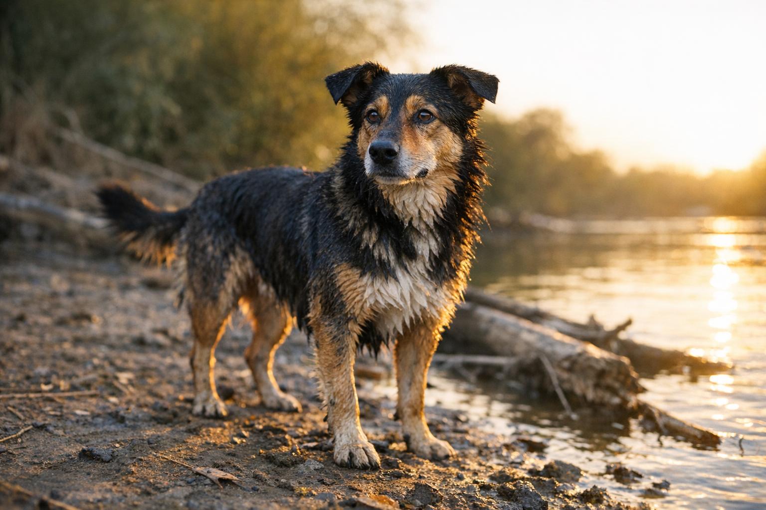 Medium-sized mixed-breed dog on a muddy riverbank at golden hour