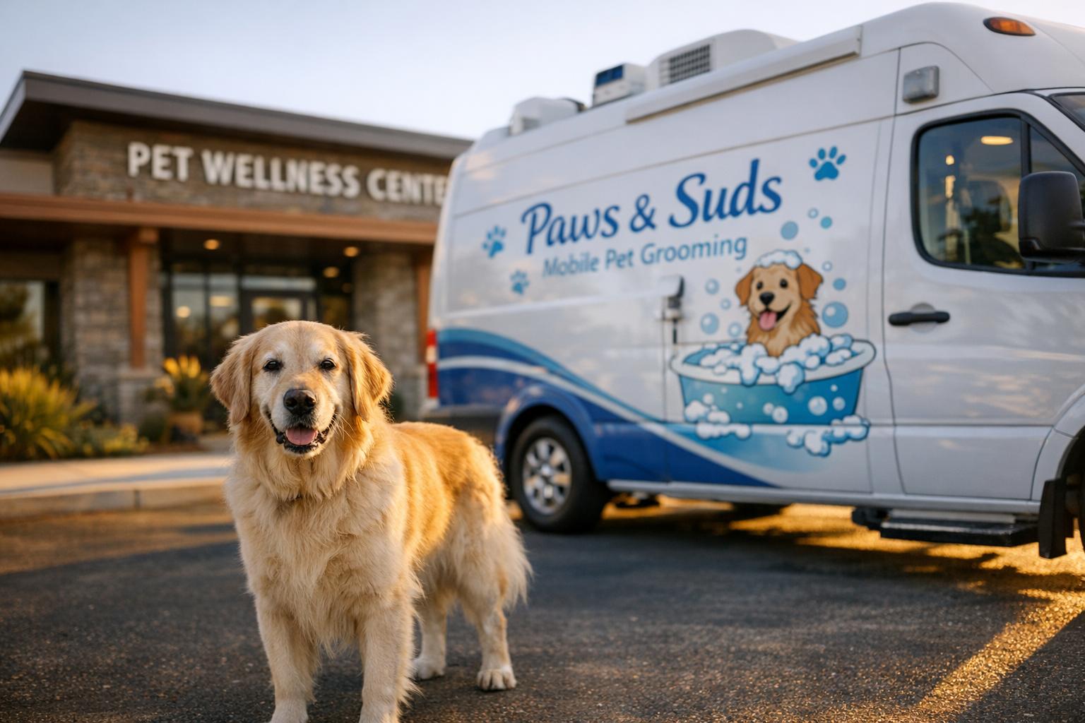 Golden Retriever beside a mobile grooming van parked outside a pet wellness campus during golden hour