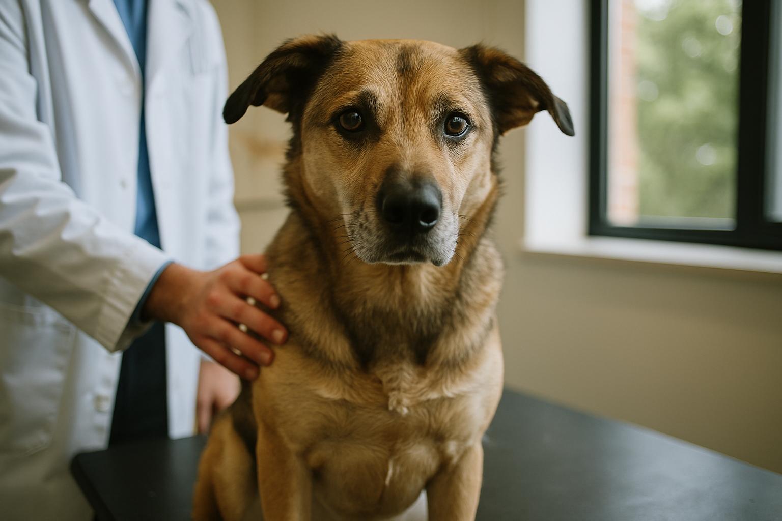 Mixed-breed dog sitting calmly on a veterinary behavior consultation exam table under natural window light