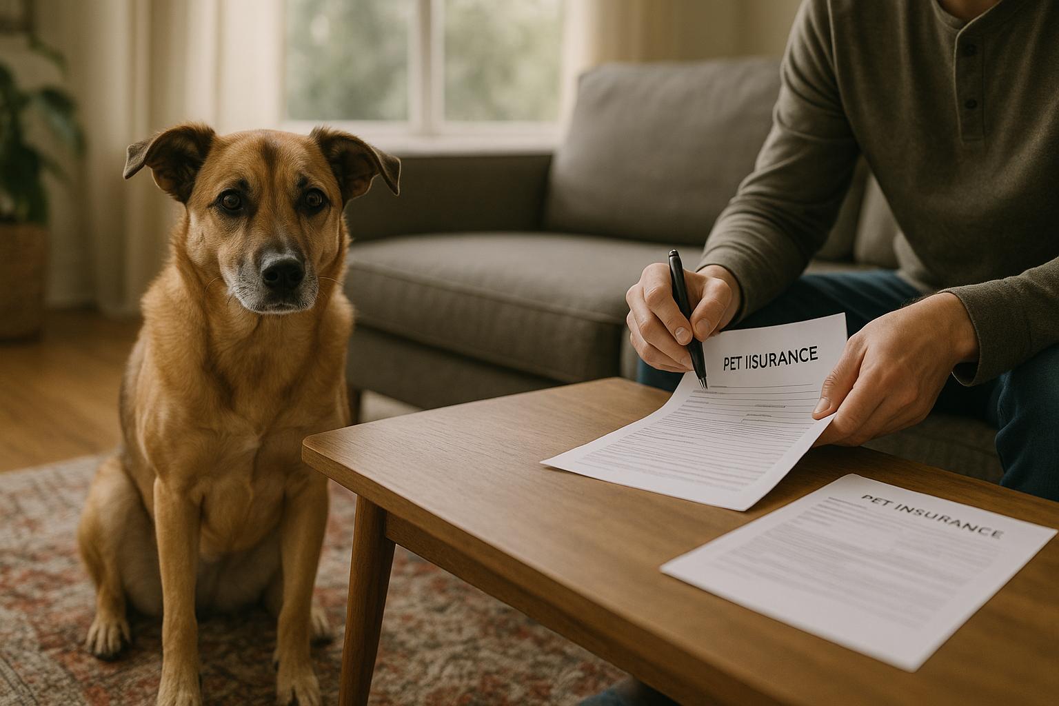 A mixed-breed dog sits on a rug as a person reviews pet insurance paperwork on a coffee table