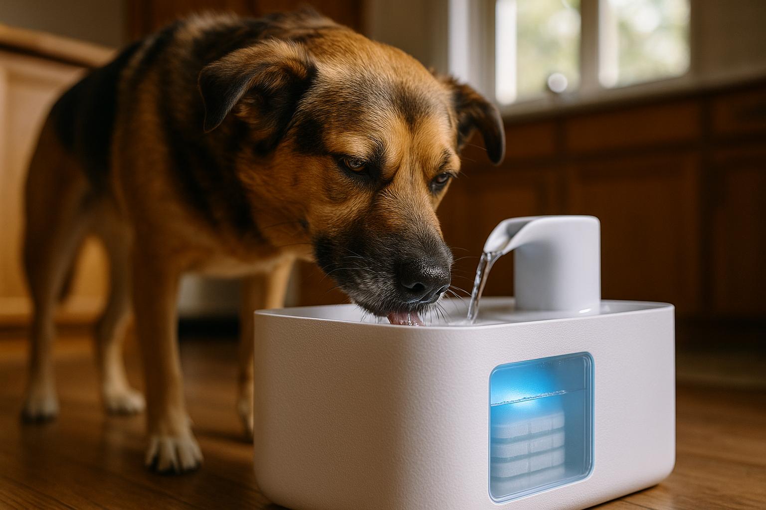 Medium mixed-breed dog drinking from a modern wireless rechargeable pet fountain with visible filtration chamber, indoor natural light.