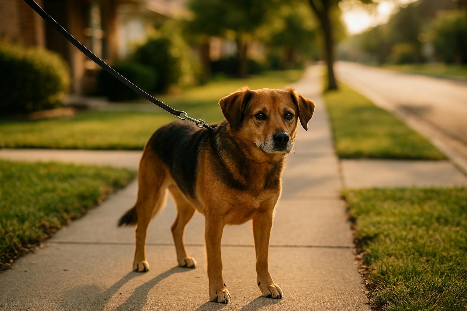 Medium-sized dog on a suburban sidewalk during golden hour, on a leash and looking alert