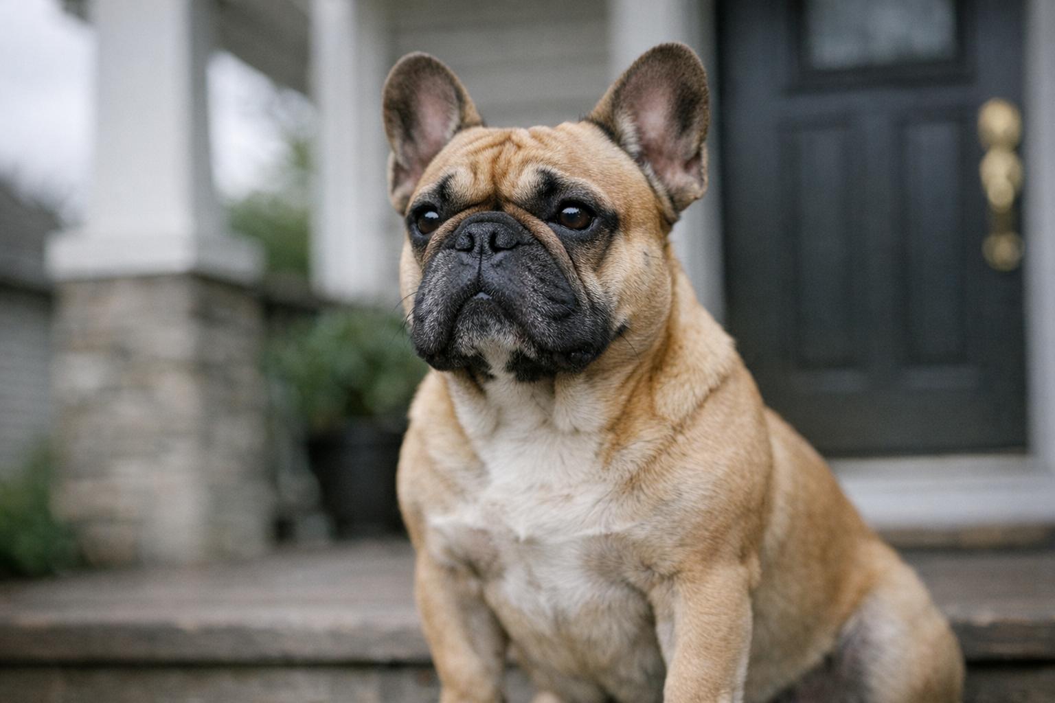 Close-up portrait of a French bulldog on a front porch with soft, overcast lighting