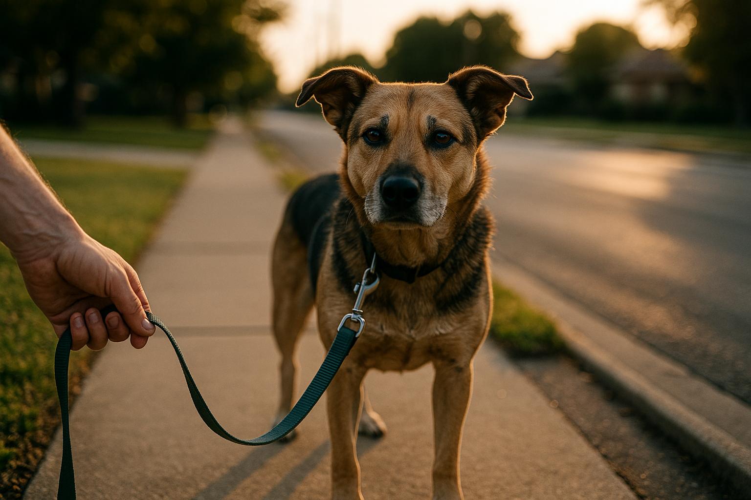 Mixed-breed dog on a leash walking down a suburban sidewalk at golden hour