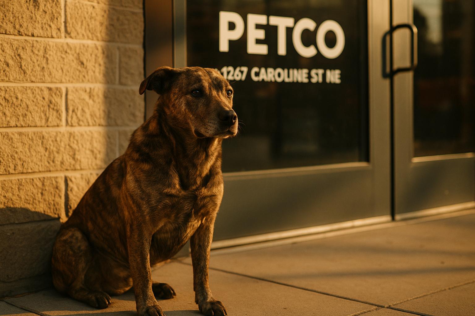 Medium-sized mixed-breed dog sitting near the entrance of Petco Edgewood in Atlanta during golden hour