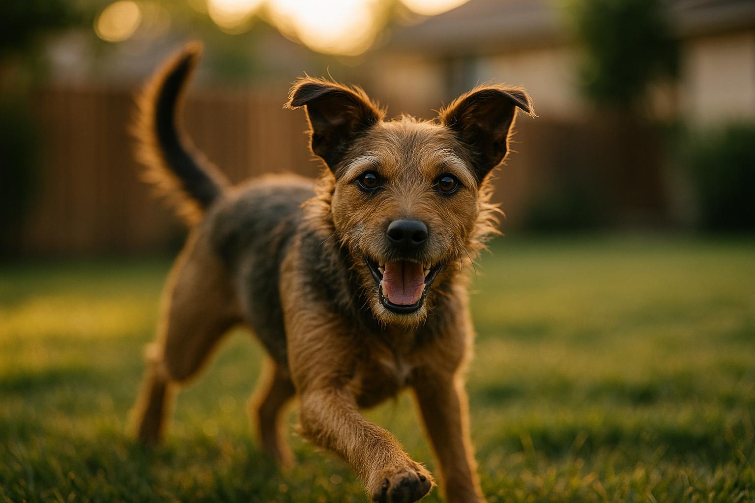 Medium-sized terrier-type mixed-breed dog playfully looking into camera in a suburban backyard at golden hour.
