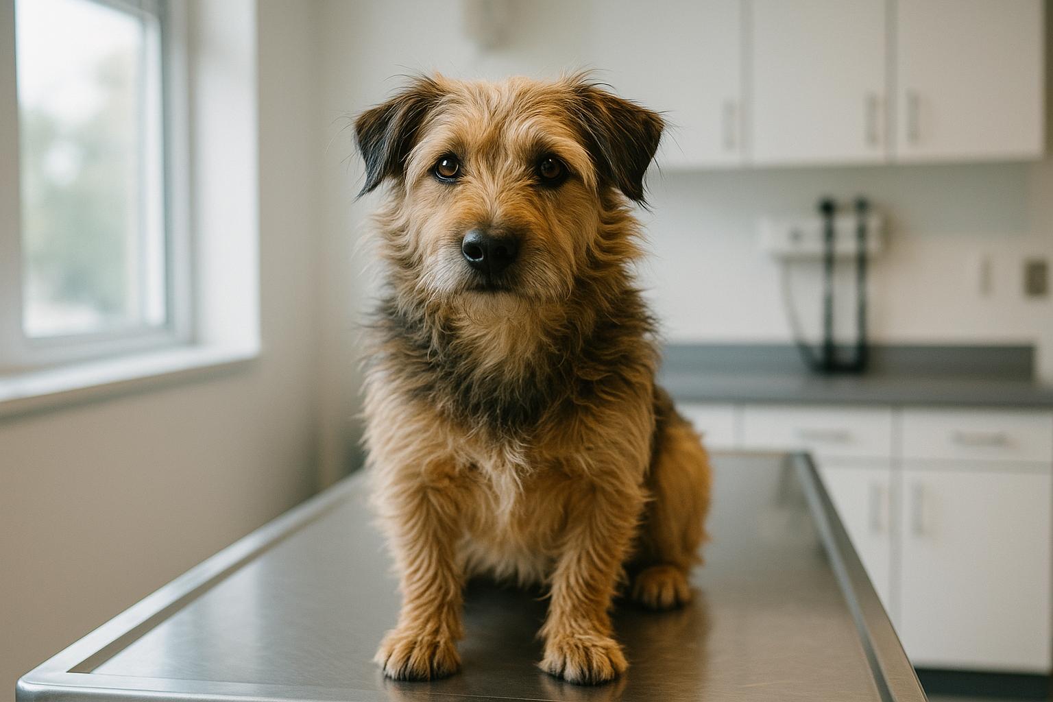 Mixed-breed dog sitting on a veterinary exam table under soft natural light, looking alert.