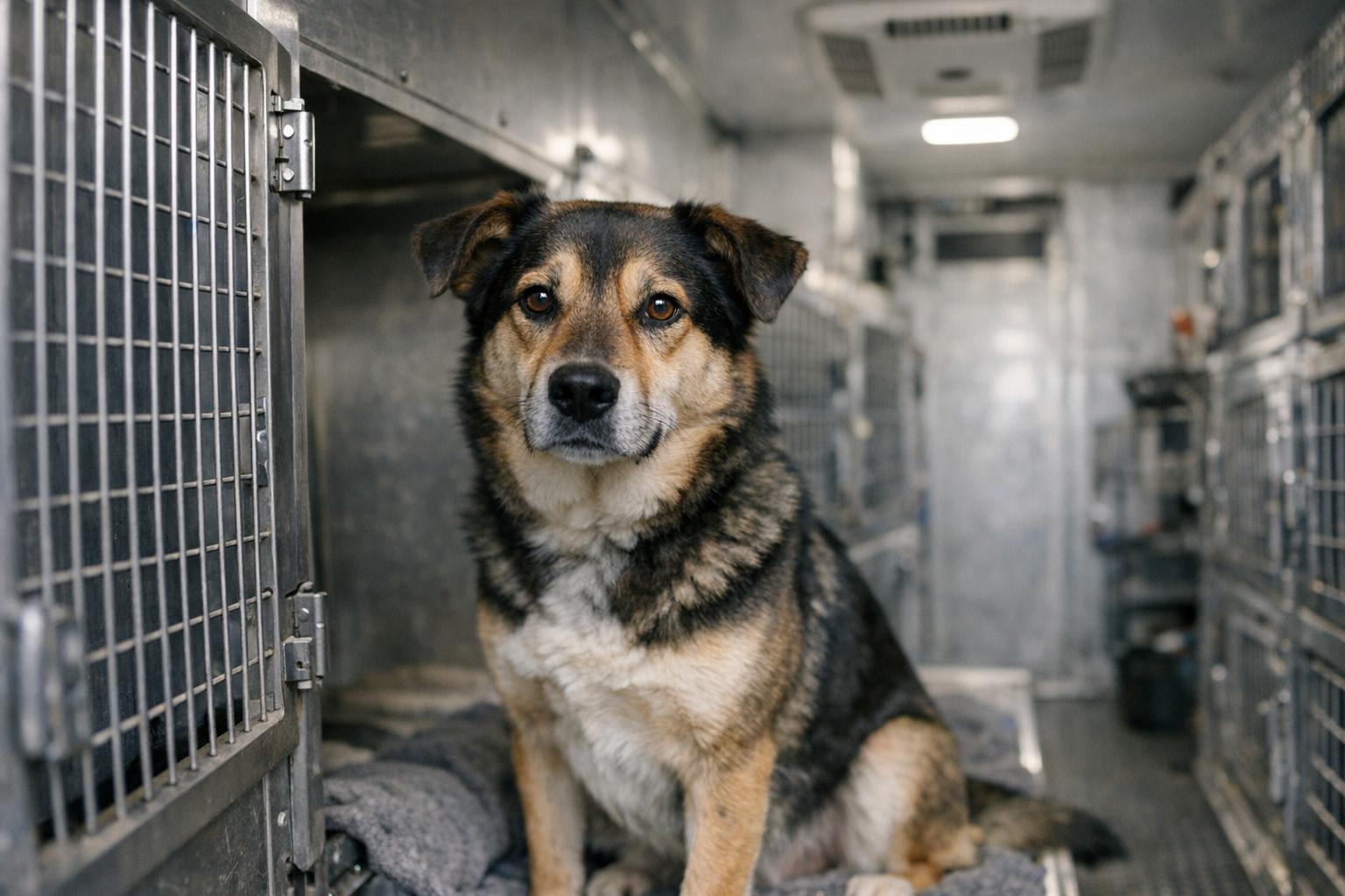 A mixed-breed dog resting inside a climate-controlled animal transport trailer with secure kennels visible