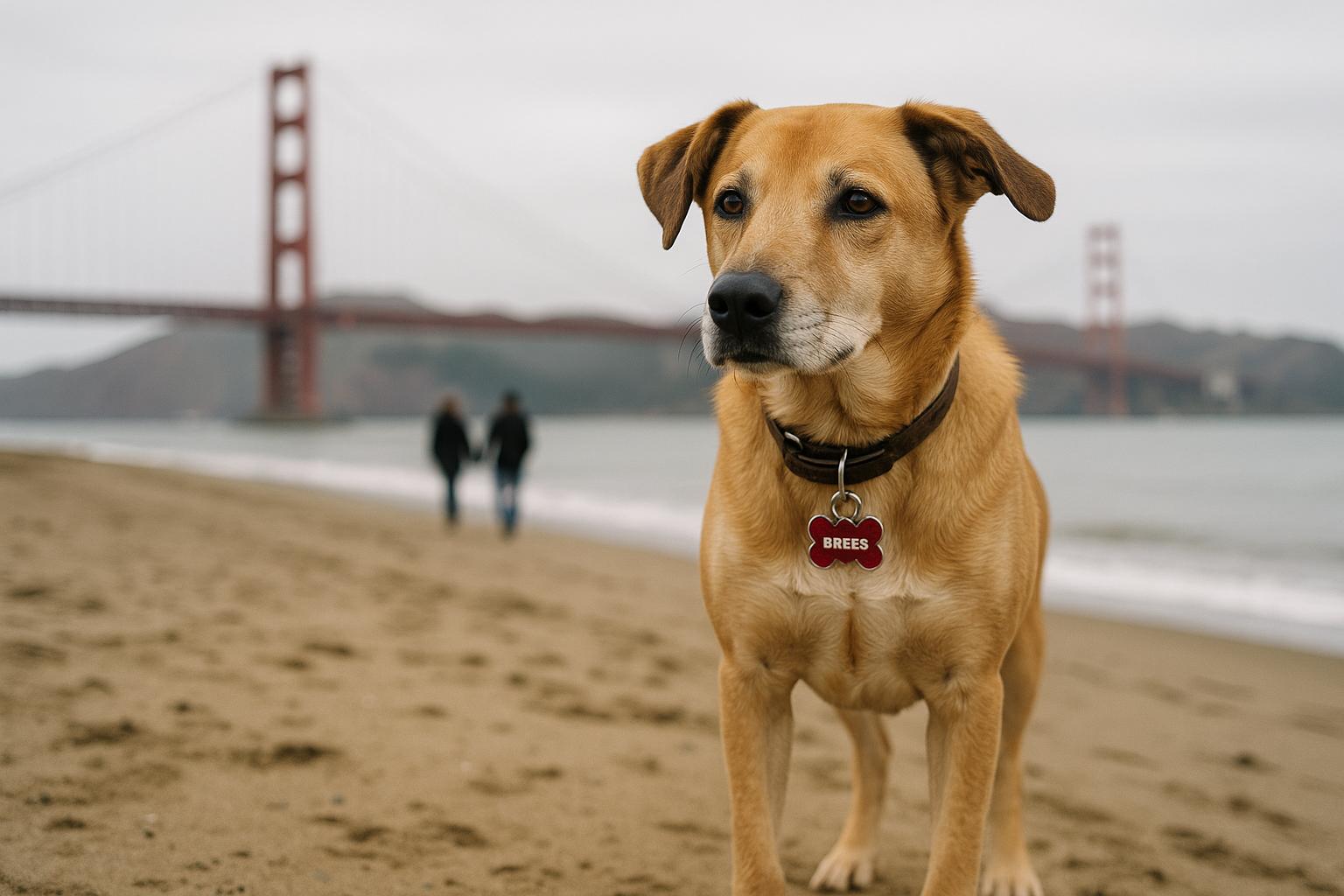 Brees the dog standing on Crissy Field Beach with the Golden Gate Bridge blurred in the background