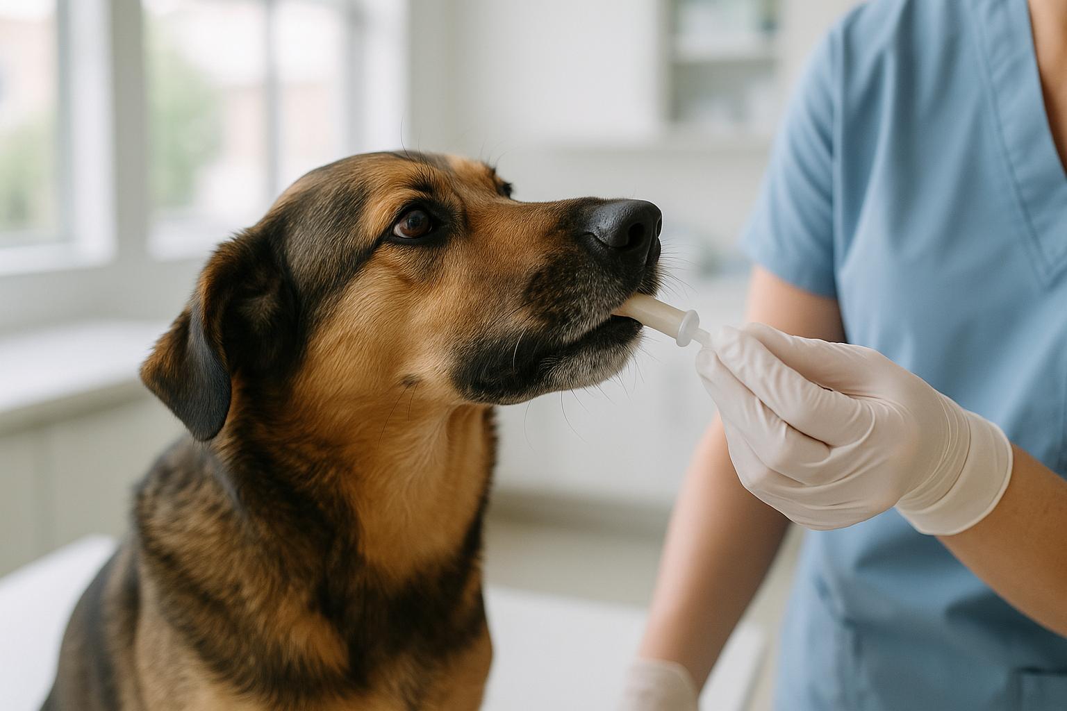 Companion dog receiving an oral supplement in a veterinary clinic exam room, close-up portrait