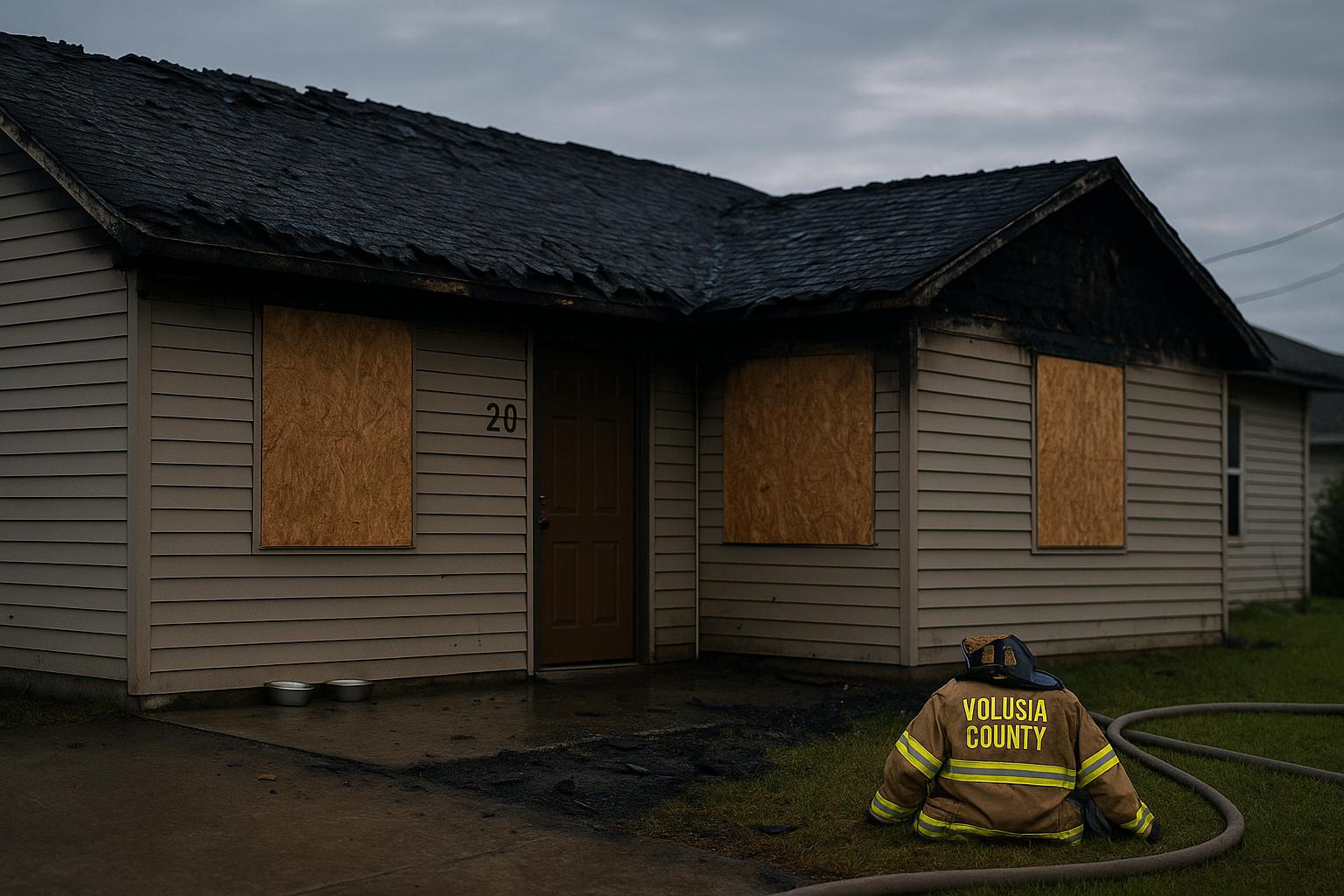 Aftermath of a house fire in Pierson: charred house exterior, firefighter gear and two empty dog bowls on the porch.