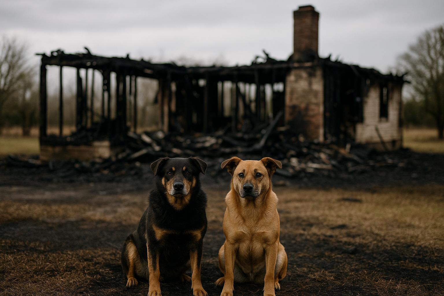 Two adult dogs sitting calmly near the charred remains of a burned single-story house on a rural property in Pierson under overcast sky
