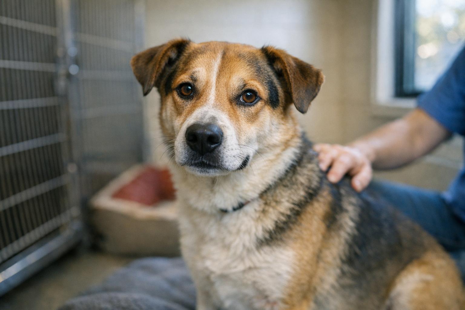 Mixed-breed shelter dog in a clean adoption room with a volunteer nearby