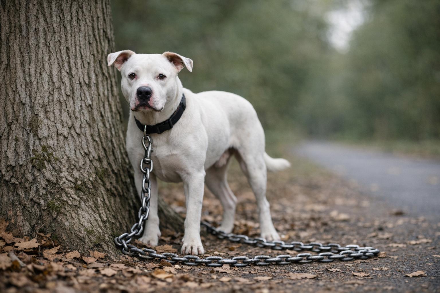 White pit bull mix tethered by a metal chain near a tree in a wooded area beside a bike path in Amsterdam, New York.