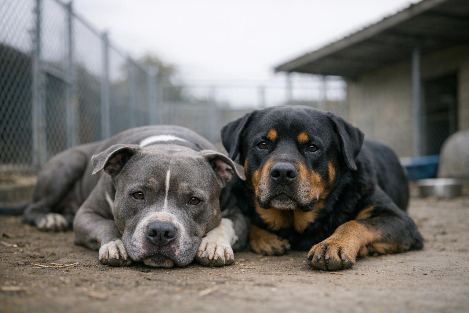 A pit bull and a rottweiler resting side by side in a shelter yard under overcast light.