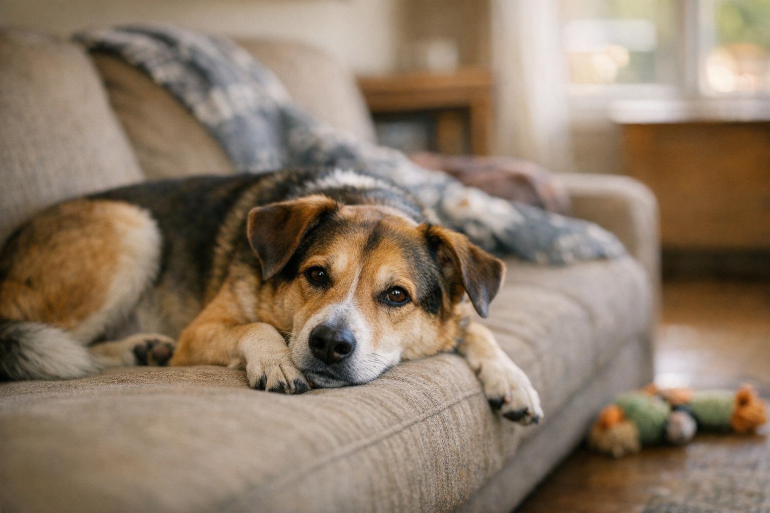 Mixed‑breed dog Max resting on a living room couch during a holiday foster stay