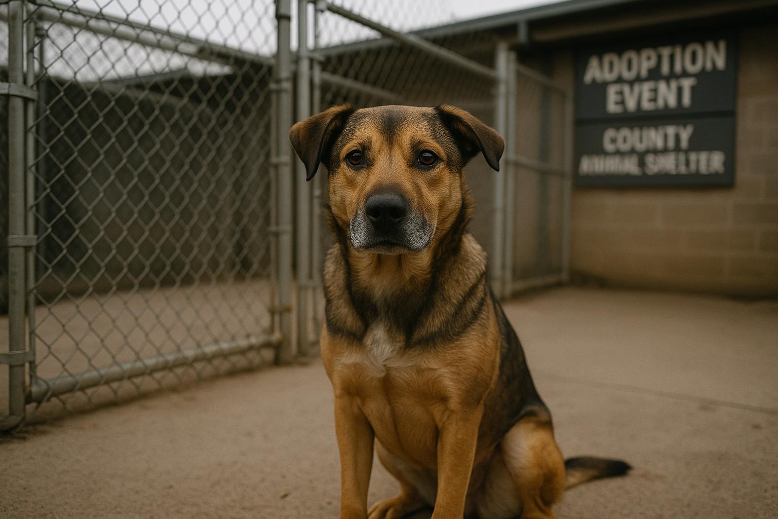 Mixed-breed shelter dog in a kennel at Placer County Animal Services during adoption event preparations.