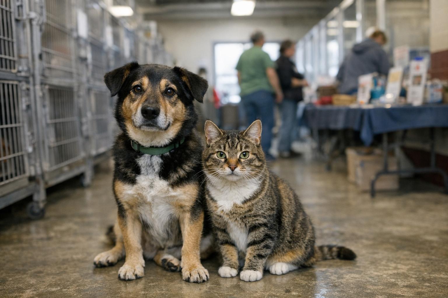 Mixed-breed dog and tabby cat together in a shelter adoption area with volunteers and vendor table in the background