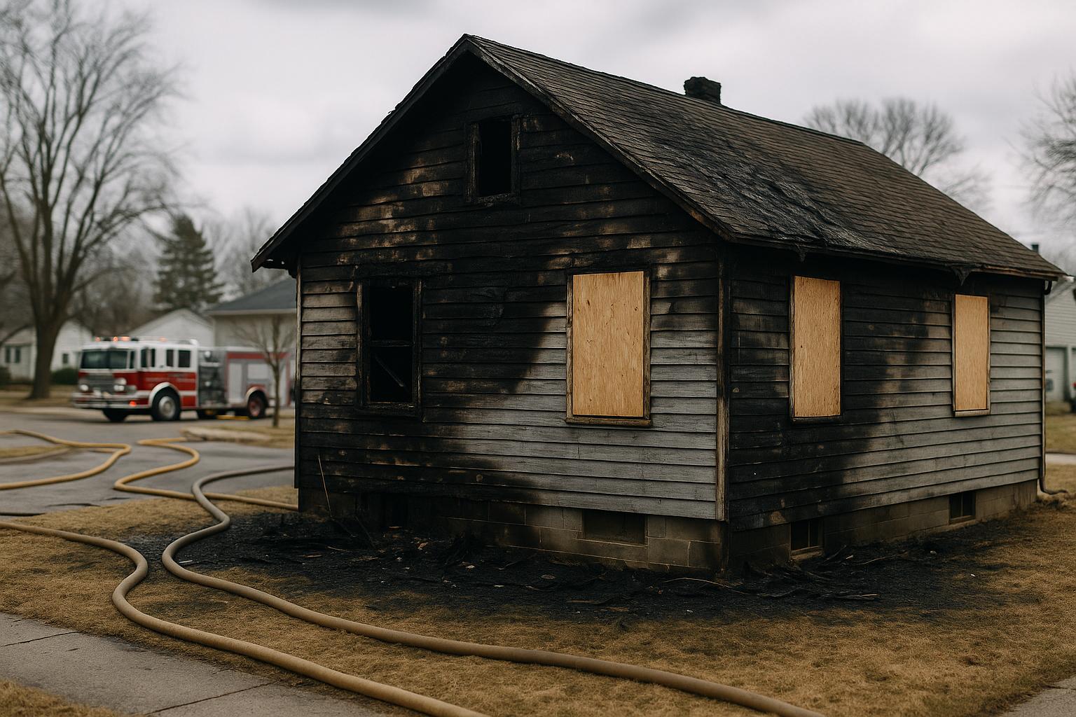 Charred suburban house exterior after a fire with emergency vehicles parked nearby and firefighters' hoses on the ground