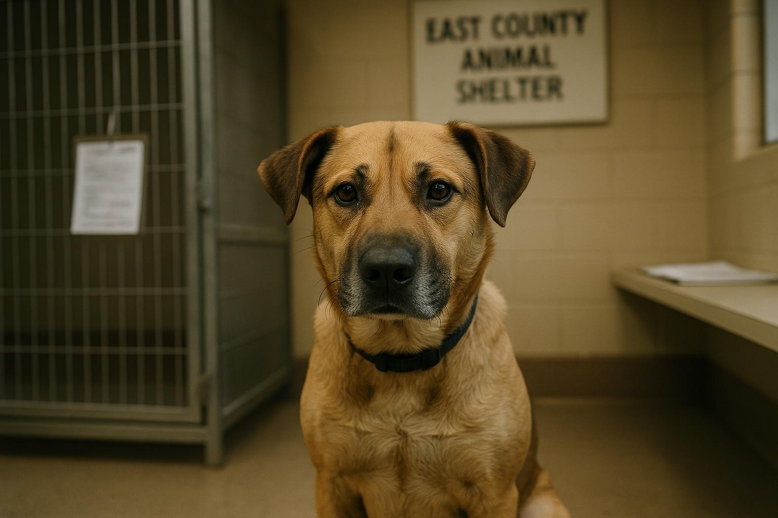 A medium-sized mixed-breed dog seated in an intake room at the East County Animal Shelter, shelter environment visible in background