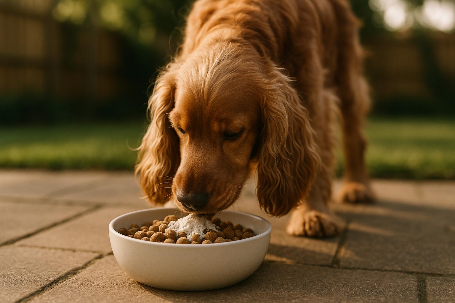 English cocker spaniel eating kibble mixed with Advanced K9 Microbiome Care supplement on a backyard patio