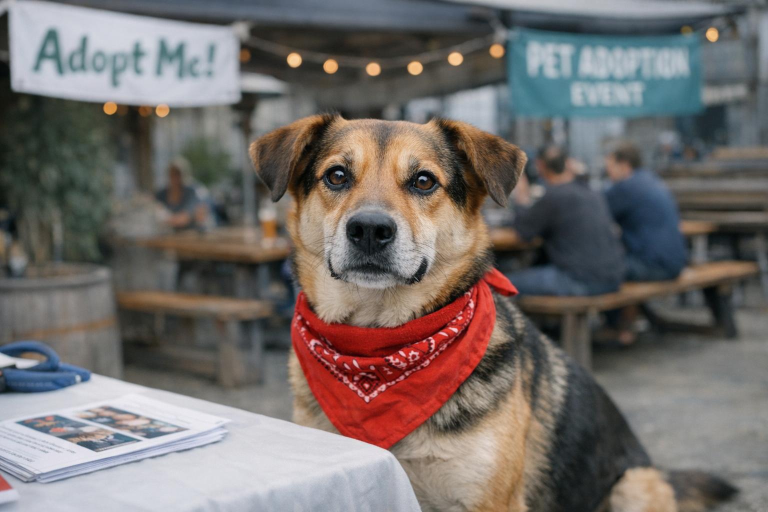 Medium-sized mixed-breed dog with a red bandana at an outdoor adoption event on a brewery patio