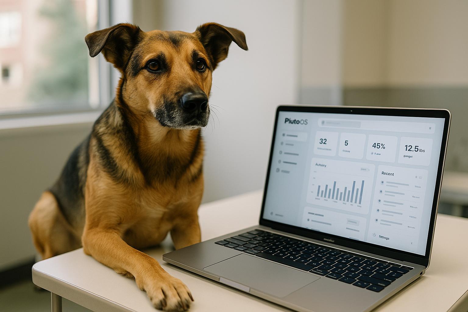 A healthy adult mixed-breed dog next to a laptop showing the PlutoOS dashboard in a veterinary clinic