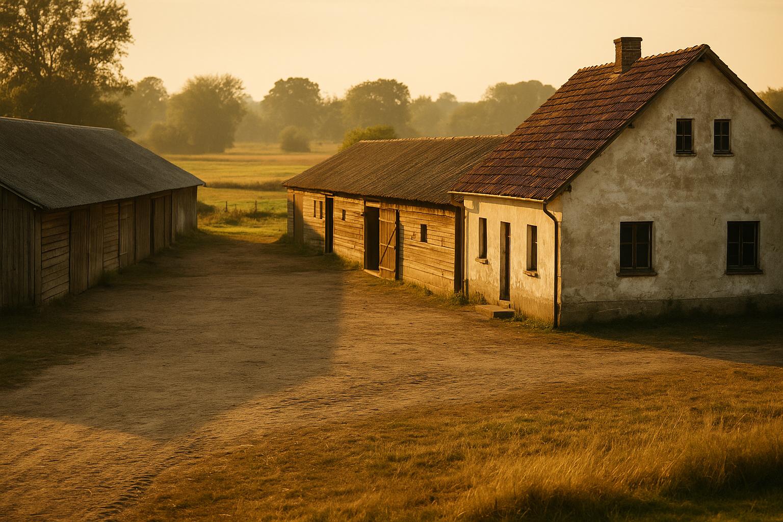 Rural Polish farm buildings at golden hour, empty yard and low sheds where fur-farming operations once stood