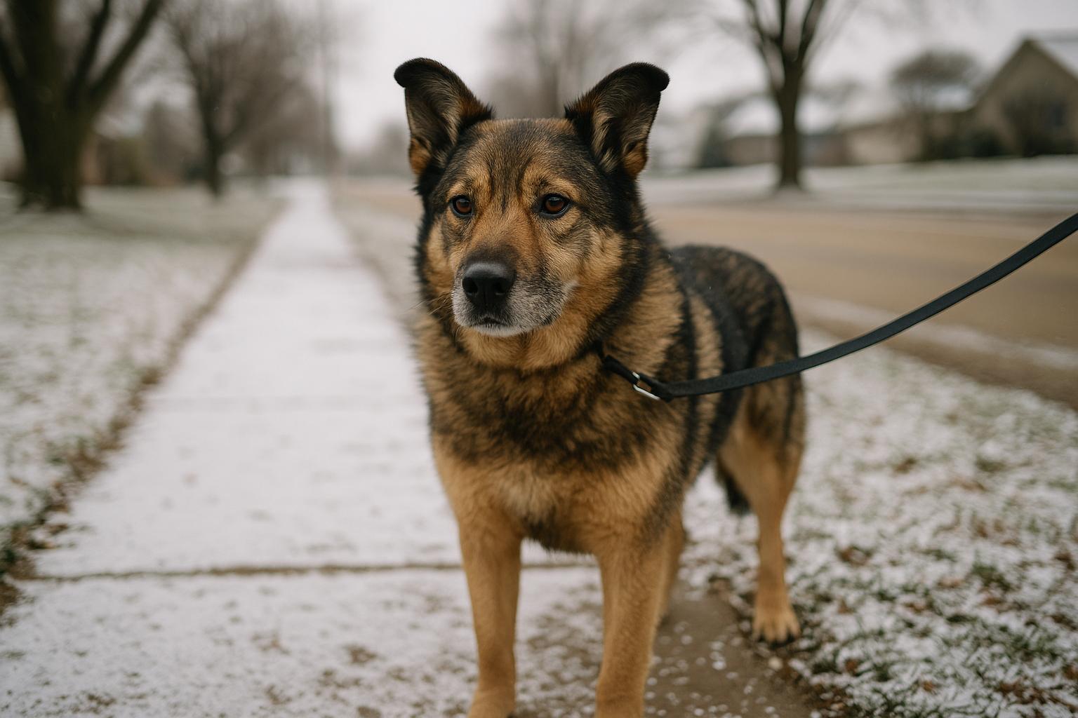 A medium-sized mixed-breed dog with a thick winter coat standing on a snow-dusted suburban sidewalk in soft overcast light