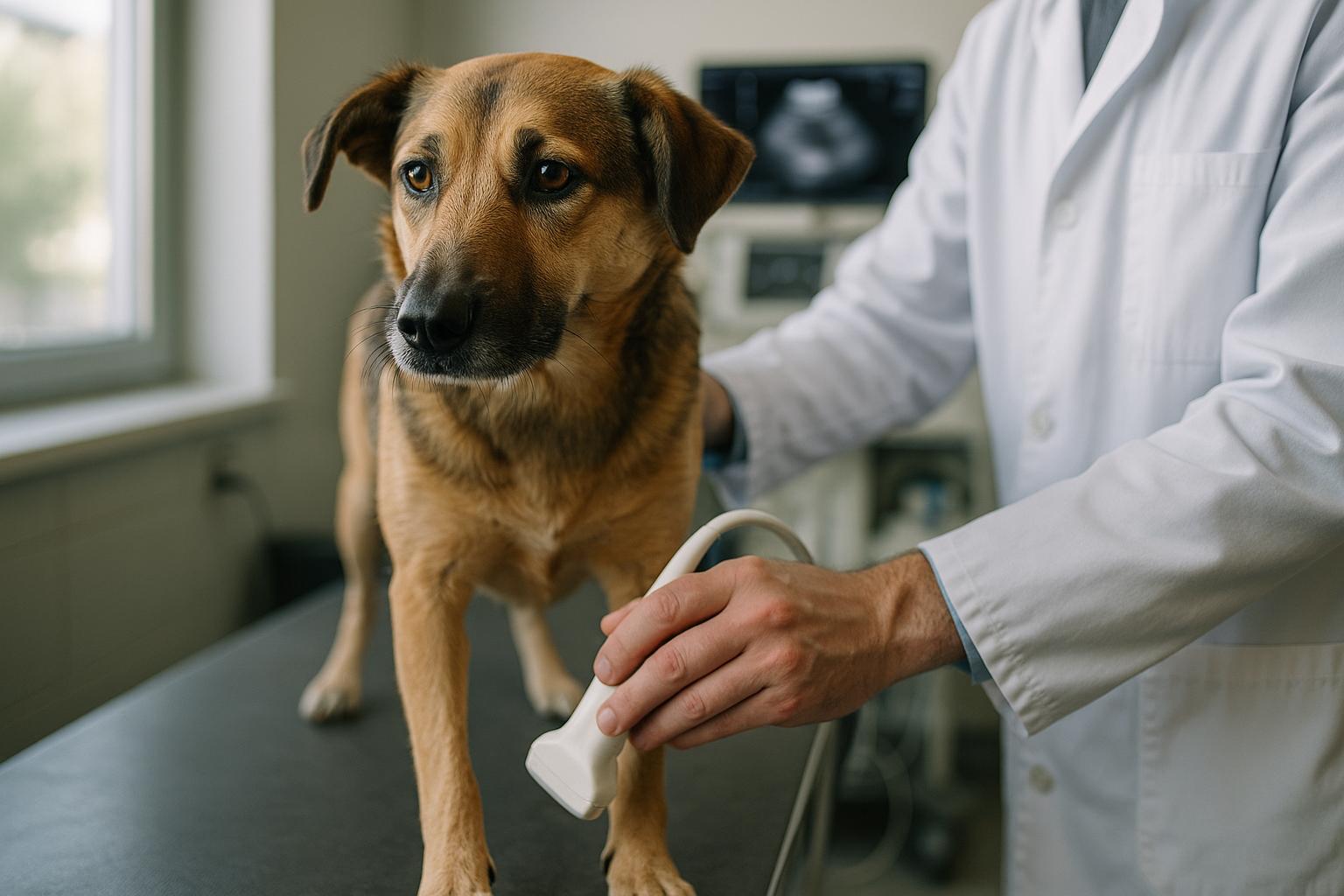 A medium-sized dog on a veterinary examination table having its forelimb scanned by a veterinarian using an ultrasound machine