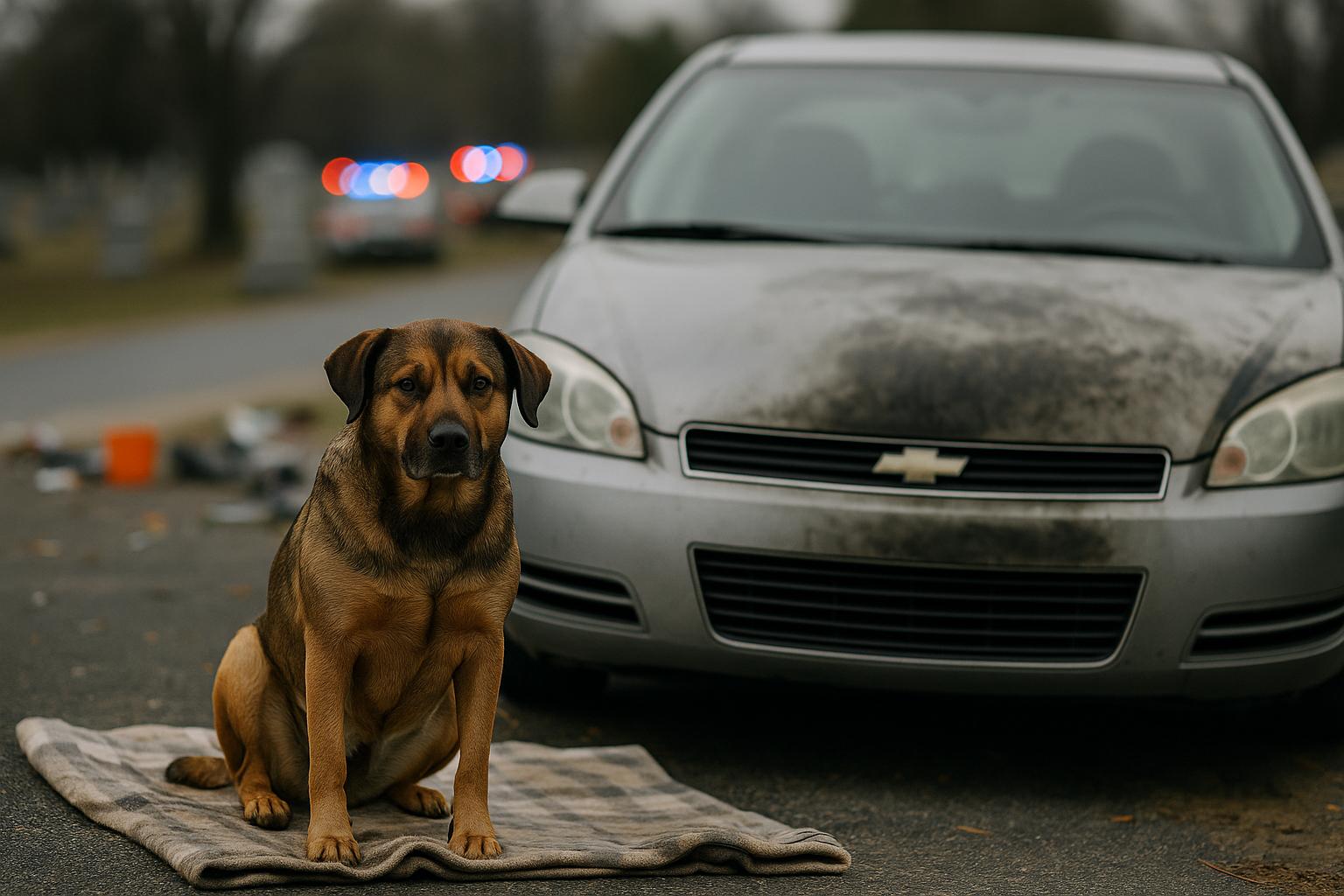 A medium-sized mixed-breed dog sitting calmly on a blanket near a parked Chevrolet Impala in a cemetery parking area after a rescue.