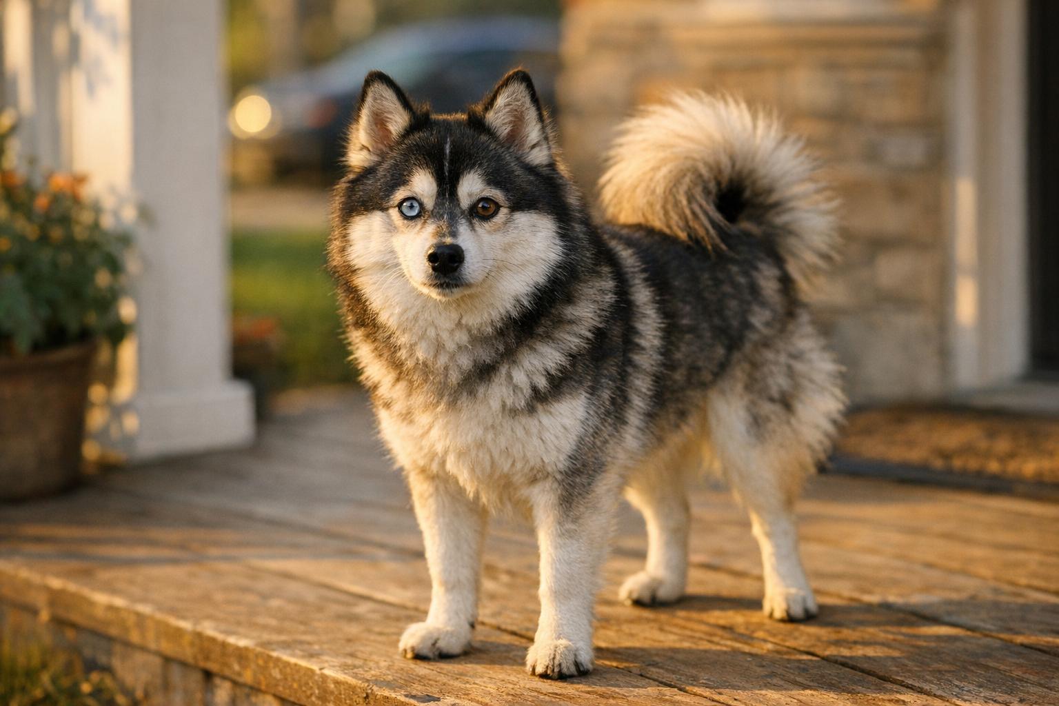 A Pomsky standing on a front porch at golden hour, showing a double coat, curled tail and heterochromatic eyes