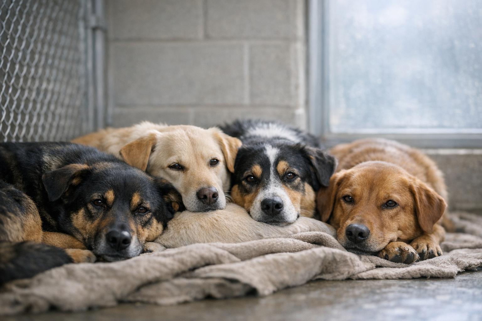 Mixed-breed dogs resting in a clean kennel at an animal shelter