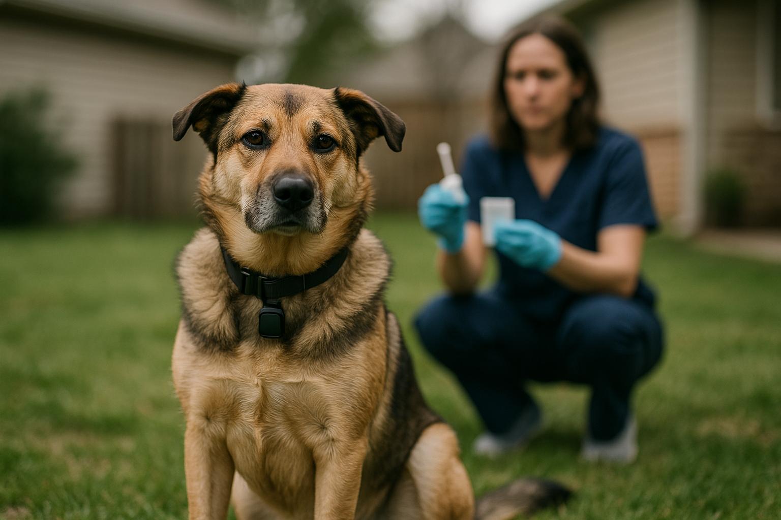 Adult mixed-breed dog wearing an activity tracker collar in a suburban backyard with a vet technician holding a sample kit