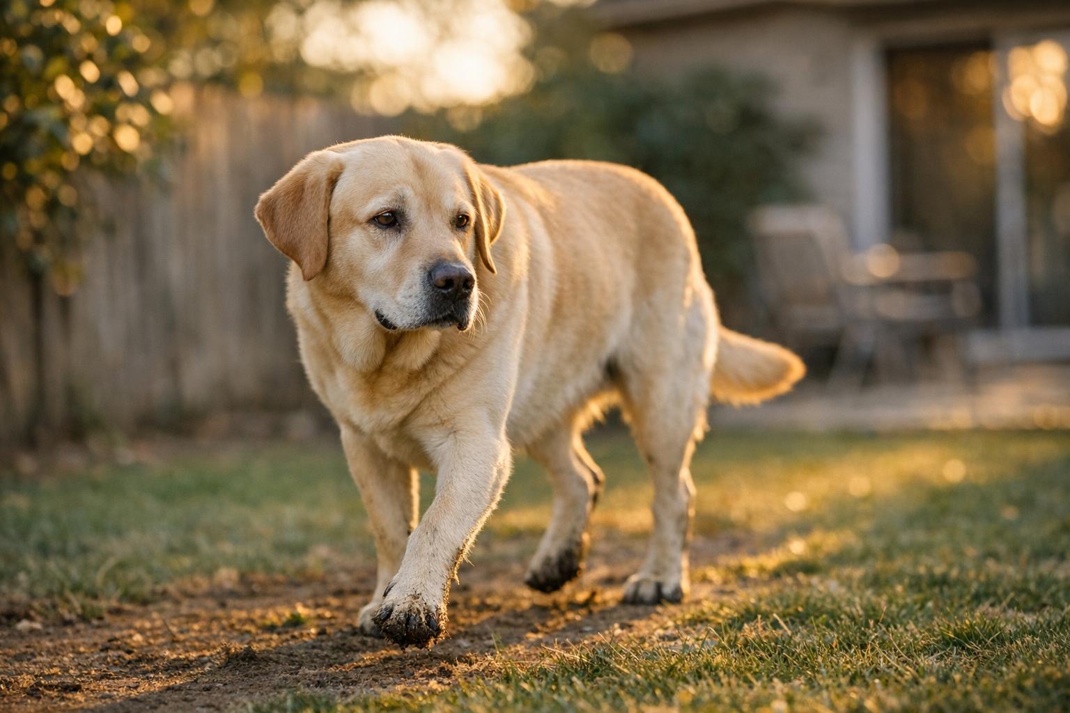 Labrador Retriever standing in a suburban backyard at golden hour