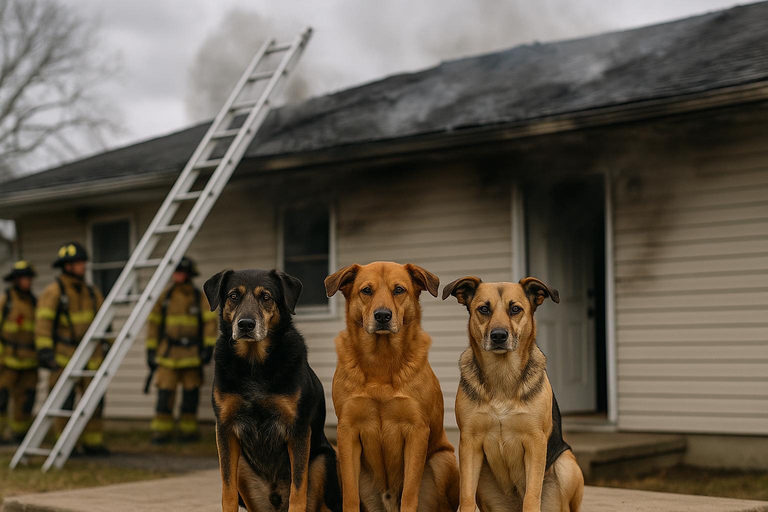 Three medium-sized dogs on a front porch with firefighters and a damaged roof visible in the background.