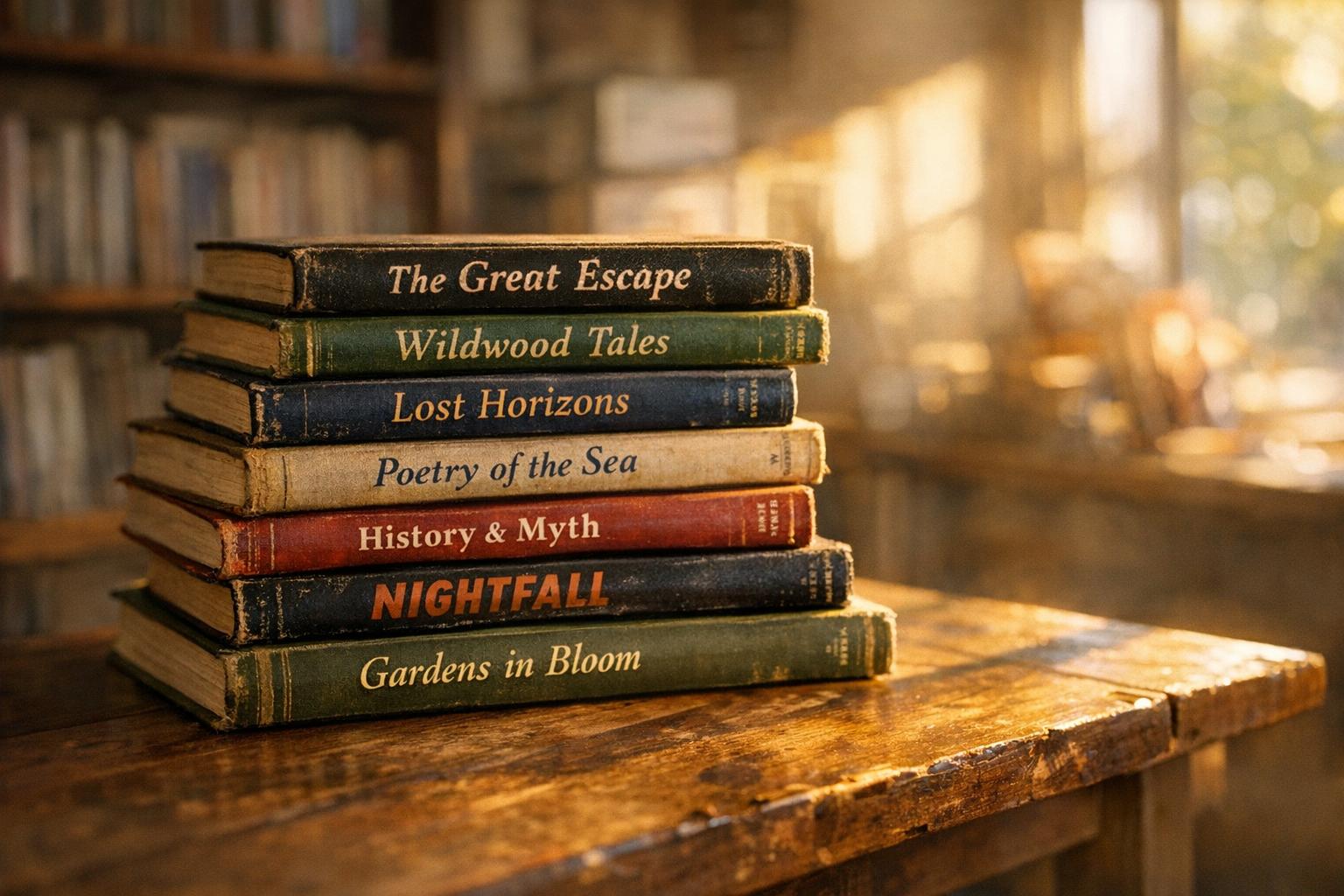Stack of hardcover books on a wooden table in a cozy bookstore, sunlight through window, close-up of spines and jacket textures