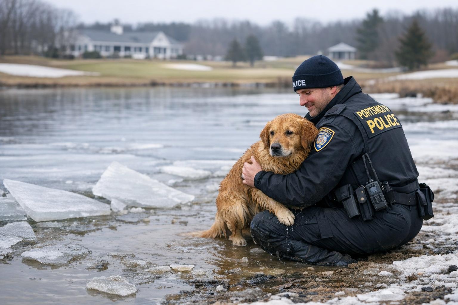Portsmouth officer on an icy shoreline holding a wet dog after a pond rescue at Montaup Country Club