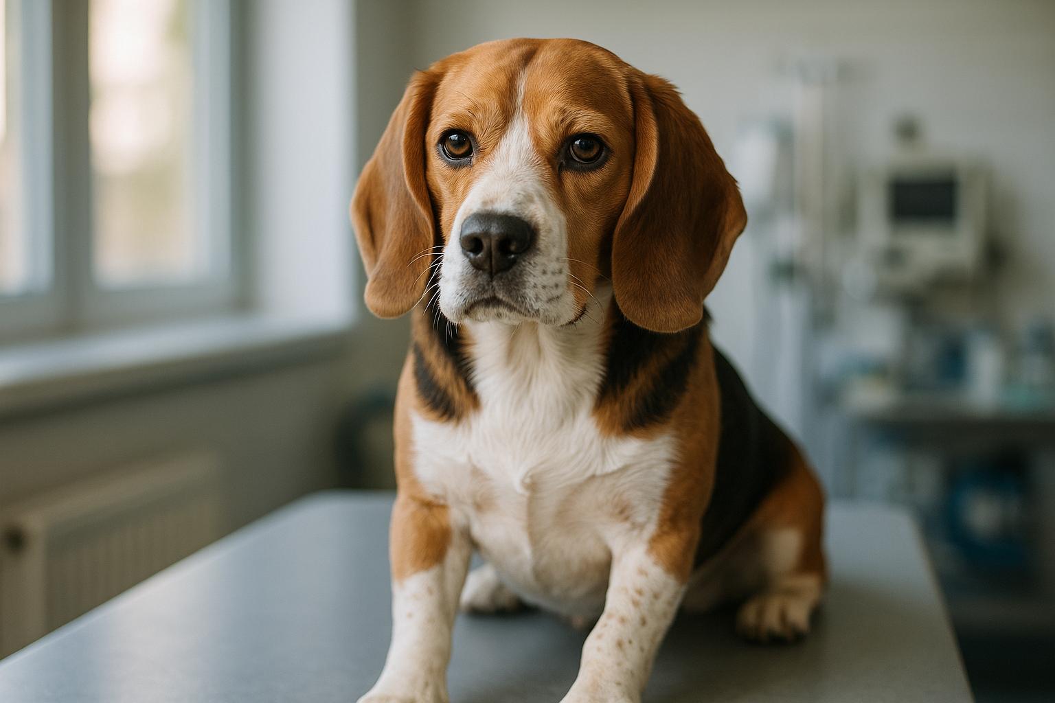Beagle on an exam table in a veterinary research clinic, close-up portrait with soft natural light