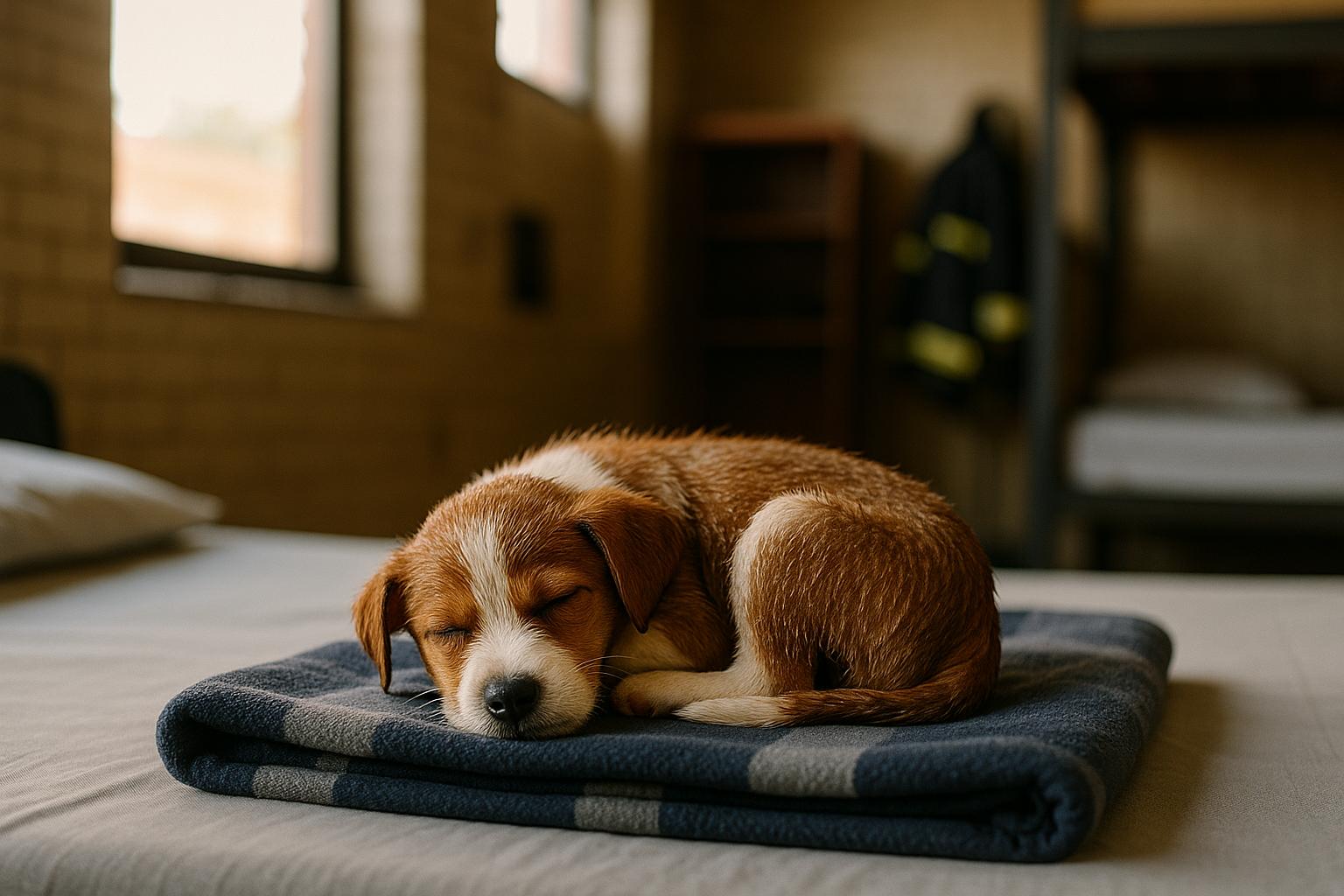 Lucy, a small brown-and-white puppy, resting on a blanket in a Prattville fire station bunkroom after being rescued from a car crash.