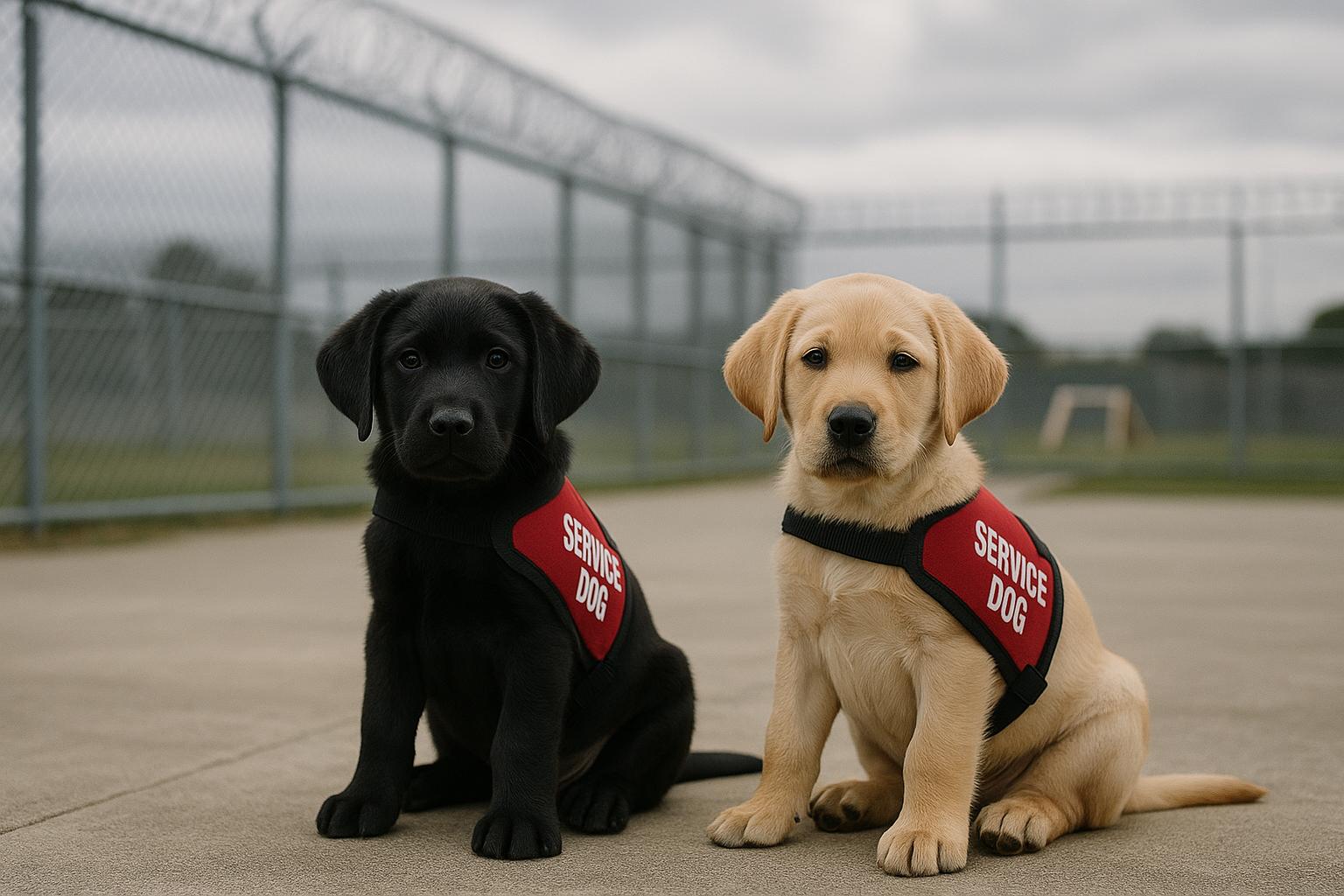Two young service-dog puppies in a prison training yard