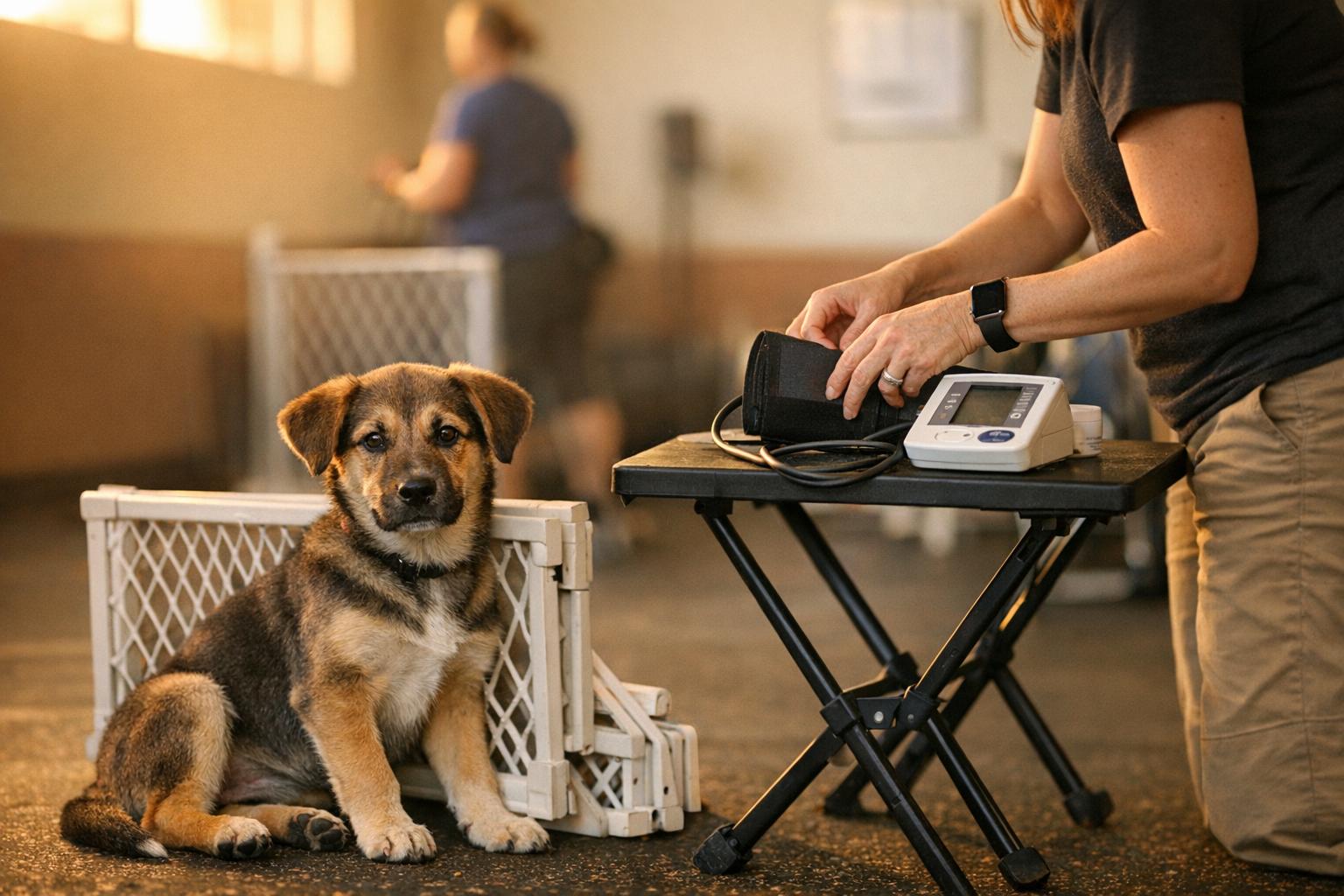 A puppy sits calmly beside a child gate in a training room as a trainer prepares a blood pressure monitor nearby.