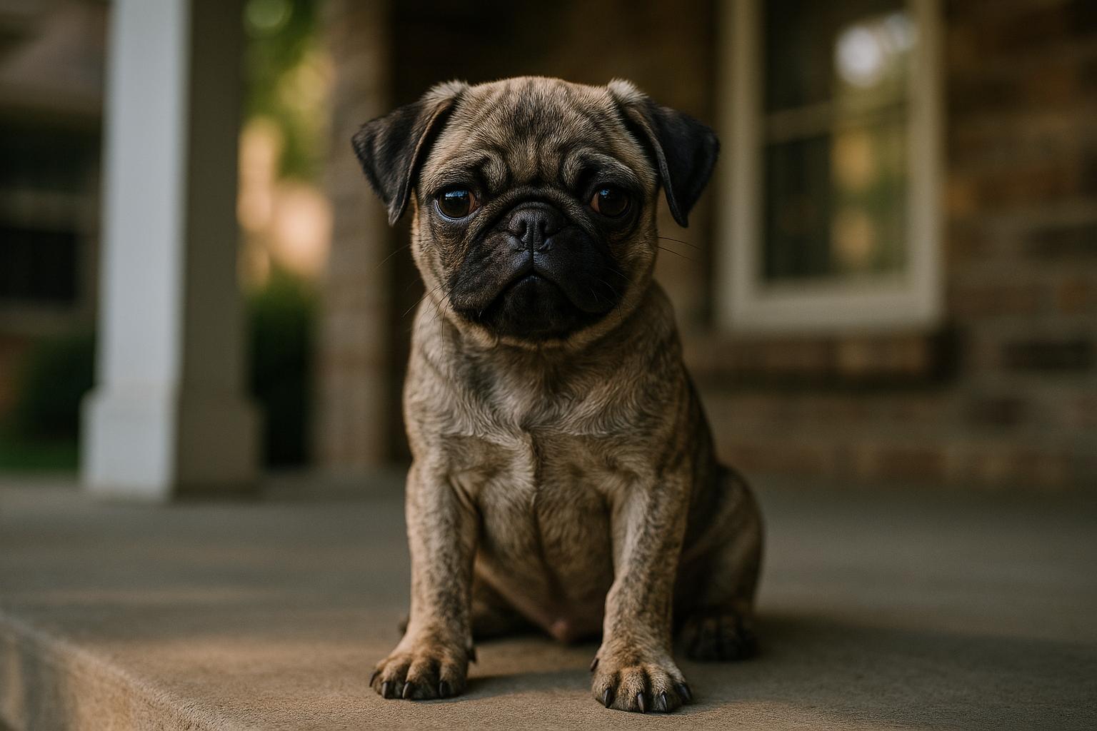 A young Pug puppy sitting alert on a shaded front porch, looking toward the camera with a curious expression.