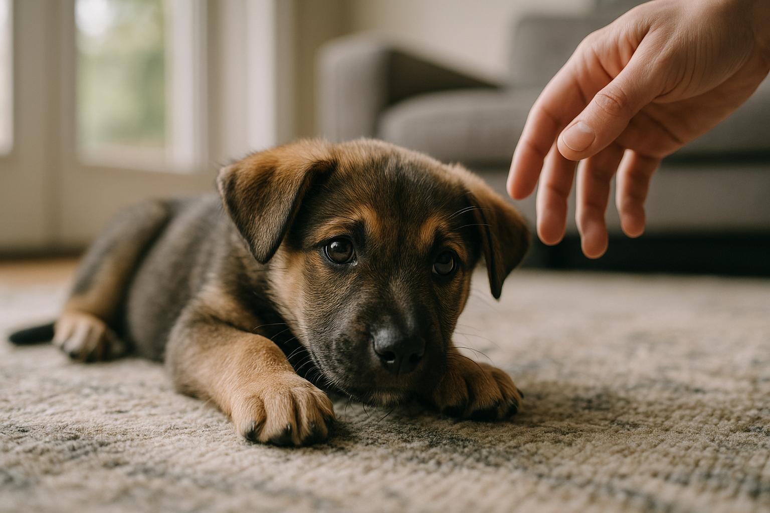 Mixed-breed puppy resting on a living room rug with a hand reaching toward it, soft natural light, documentary-style.